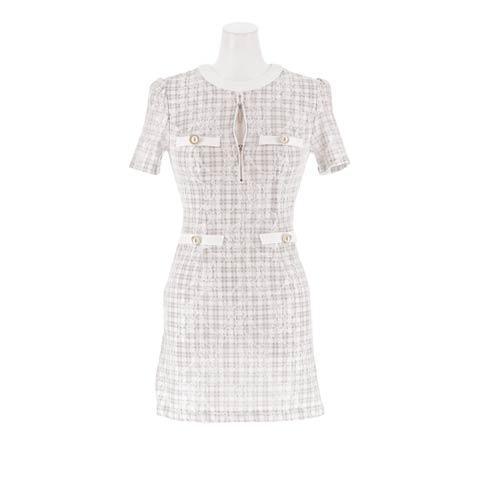 11/21新作![伊藤桃々着用]見せても隠してもOK!!谷間ジップに透けレース重ねたチェック柄ミニ丈キャバドレス(ホワイト-Sサイズ)