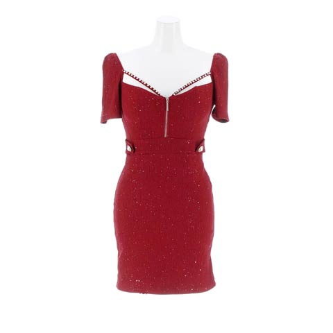 10/22新作!!輝くラメ＆胸元ビジュージップデコルテ魅せ半袖ミニ丈キャバドレス[SML/3サイズ展開]*(ワインレッド-Sサイズ)