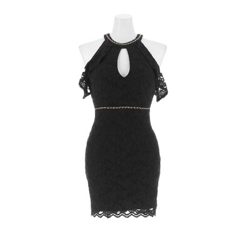 11/5新作!総レース&チェーンビジューが高級感抜群のアメスリタイトミニ丈キャバドレス[SML/3サイズ展開](ブラック-Sサイズ)