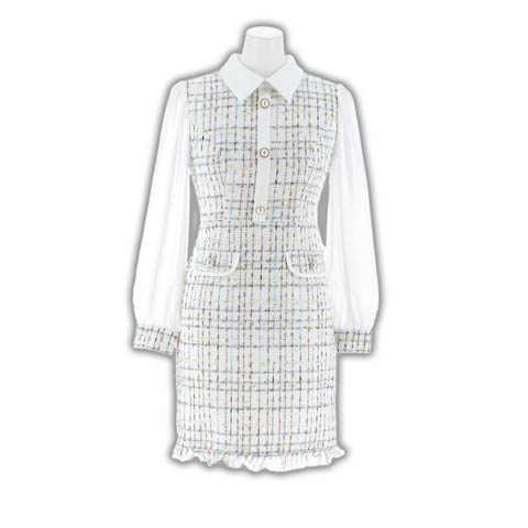 10/15新作!フリンジツイードチェックシフォン長袖タイトミニ丈キャバドレス[SML/3サイズ展開][伊藤桃々着用](ホワイト-Sサイズ)