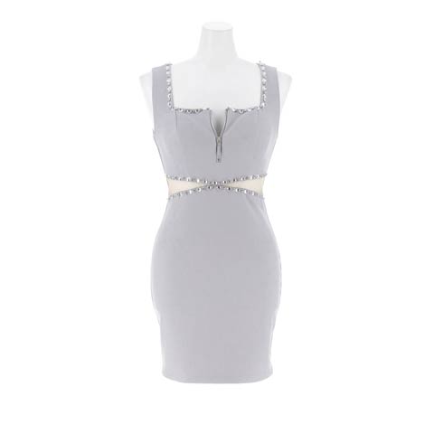 10/20新作!谷間ジップキラキラ大粒ビジュー美くびれウエストカットシアータイトミニ丈キャバドレス[SML/3サイズ展開](ブルーグレー-Sサイズ)