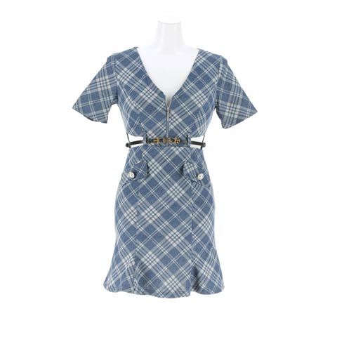 11/26新作!冬ヘビロテなチェック柄×谷間ジップに美くびれ魅せカット＆ベルト半袖マーメイドミニ丈キャバドレス(ネイビー-Sサイズ)