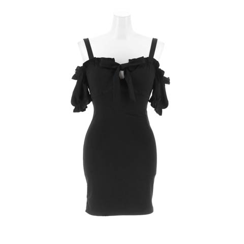 10/22新作!!【谷間魅せ】SEXYオフショル袖リボンフリルタイトミニドレス[SML/3サイズ展開](ブラック-Sサイズ)