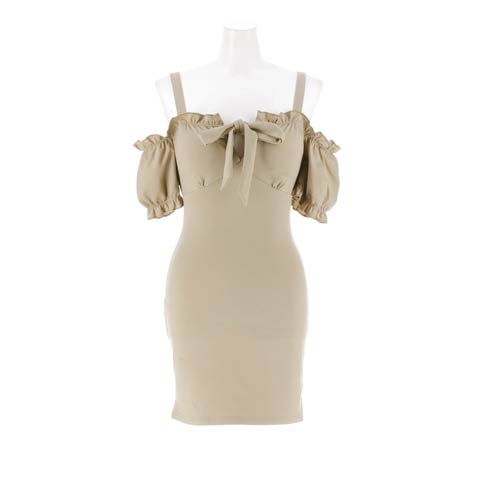 10/22新作!!【谷間魅せ】SEXYオフショル袖リボンフリルタイトミニドレス[SML/3サイズ展開](グレージュ-Sサイズ)