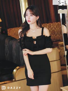 10/22新作!!【谷間魅せ】SEXYオフショル袖リボンフリルタイトミニドレス[SML/3サイズ展開]