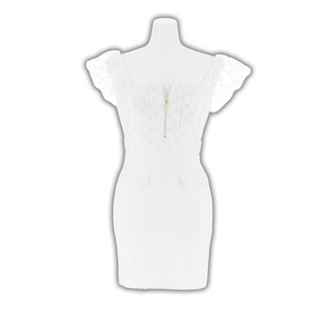 10/29新作!色っぽ谷間魅せスパンコールチュールフリル袖タイトミニ丈キャバドレス[SML/3サイズ展開](ホワイト-Sサイズ)