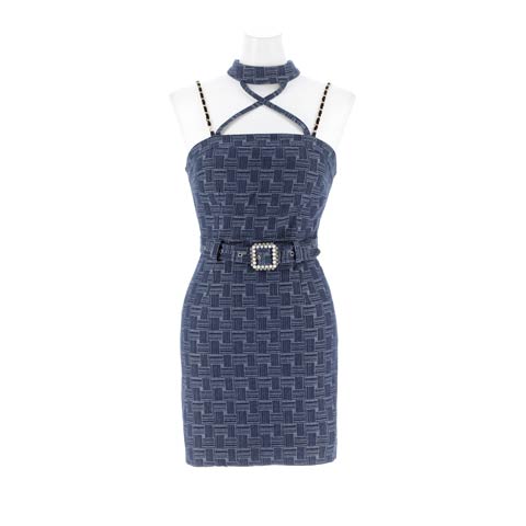 11/14新作![伊藤桃々着用]デコルテ魅せですっきり細見えミニ丈キャバドレス[SML/3サイズ展開](ブルー-Sサイズ)