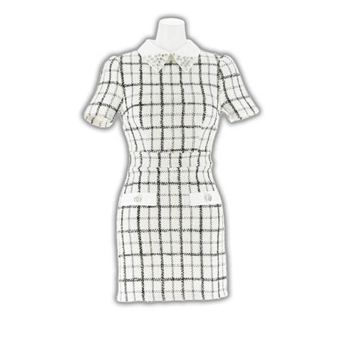 10/22新作!!胸元隠せるキラキラツイードチェック襟付きビジューミニ丈キャバドレス[SML/3サイズ展開](ホワイト×ブラック-Sサイズ)