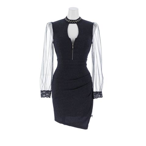 10/31新作!ハイネックで大人の余裕漂う美脚魅せアシンメトリータイトミニ丈キャバドレス[SML/3サイズ展開](ネイビー-Sサイズ)