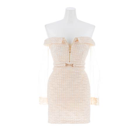 10/24新作![明日花キララ×胸元ジップ ]オフショルツイードにシアー長袖で細魅せ叶うミニ丈キャバドレス[SML/3サイズ展開](ベージュ-Sサイズ)