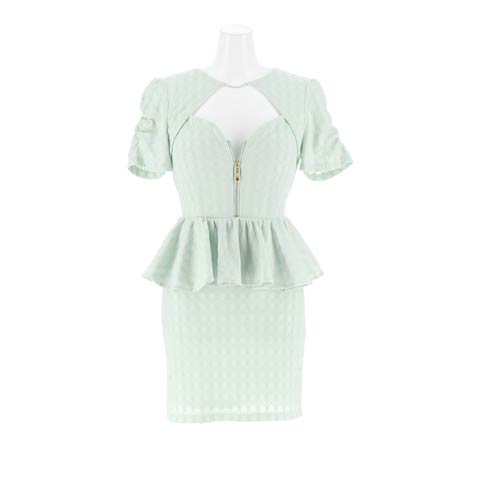 10/17新作!SEXYフロントジップホールチェックペプラムパフスリーブタイトミニ丈キャバドレス[SML/3サイズ展開][伊藤桃々着用]*(ミント-Sサイズ)