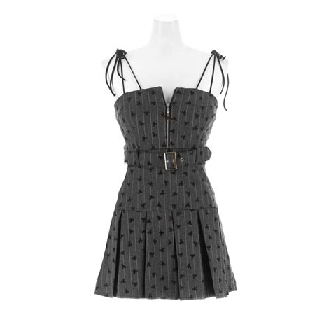 10/24新作![明日花キララ×Aライン]リボン生地であざとさ全開フロントジッププリーツミニ丈キャバドレス[SML/3サイズ展開](ダークグレー-Sサイズ)