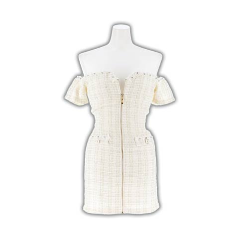 10/24新作![明日花キララ×フルジップ]店内1の輝きを放つビジューオフショルツイードミニ丈キャバドレス[SML/3サイズ展開](ホワイト-Sサイズ)