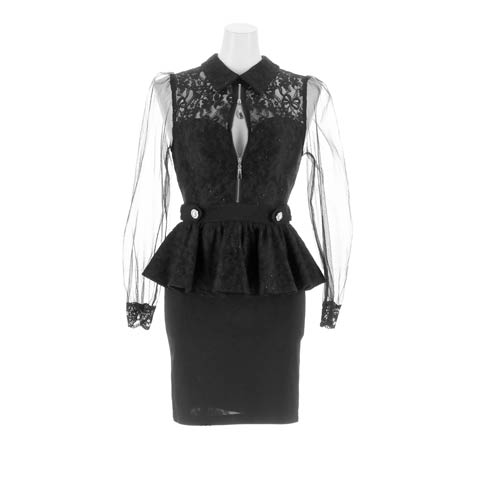 10/20新作!襟付きフロント谷間ジップ体型カバーレースペプラムチュール袖タイトミニ丈キャバドレス[SML/3サイズ展開][伊藤桃々着用]*(ブラック-Sサイズ)