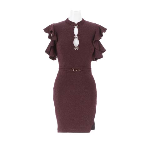 10/22新作!!【伊藤桃々着用】輝くリボンビジュー谷間魅せオフショルチャイナ風タイトミニ丈キャバドレス[SML/3サイズ展開](ディープパープル-Sサイズ)