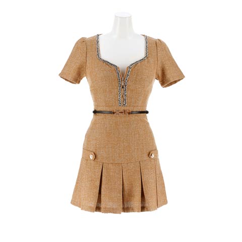 10/24新作![明日花キララ×胸元ジップ]スタイル爆盛れプリーツAラインツイードミニ丈キャバドレス[SML/3サイズ展開](オレンジベージュ-Sサイズ)