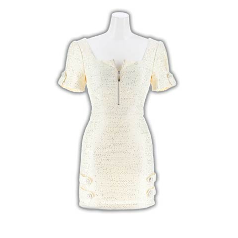 10/29新作!高級感ツイードスパンコール胸元ジップ半袖タイトミニ丈キャバドレス[SML/3サイズ展開](ホワイト-Sサイズ)