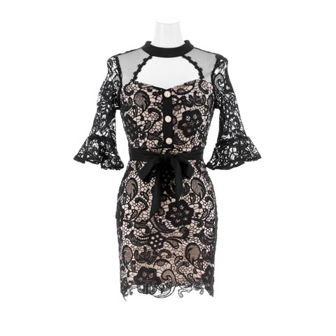 10/29新作!大人の色気溢れるヌーディーレースウエストリボン五分袖タイトミニ丈キャバドレス[SML/3サイズ展開](ベージュXブラック-Sサイズ)