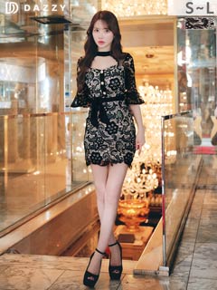 10/29新作!大人の色気溢れるヌーディーレースウエストリボン五分袖タイトミニ丈キャバドレス[SML/3サイズ展開]