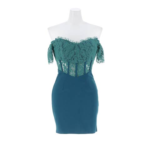 10/20新作!【ウエスト細見え】SEXYオフショル上品フラワーレースウエスト透けタイトミニ丈キャバドレス[SML/3サイズ展開](グリーン-Sサイズ)