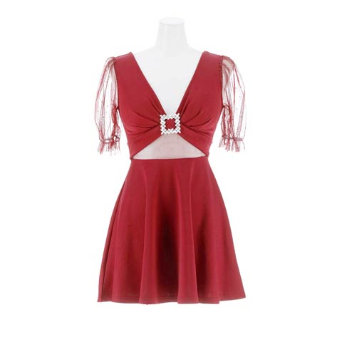 11/26新作!美谷間魅せVカットにビジューで視線を独占!!体型カバーするAラインミニ丈キャバドレス(ワインレッド-Sサイズ)