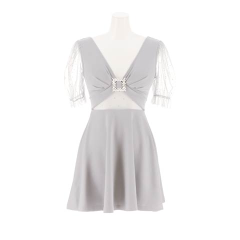 11/26新作!美谷間魅せVカットにビジューで視線を独占!!体型カバーするAラインミニ丈キャバドレス(ブルーグレー-Sサイズ)