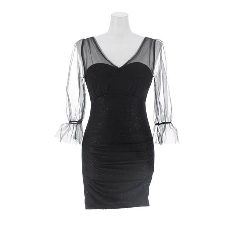 1/19新作![伊藤桃々着用]大人上品肌魅せシアーチュール七分袖タイトミニ丈キャバドレス(ブラック-Sサイズ)