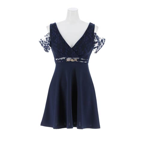 12/8新作!美谷間魅せと透け袖が色っぽいオフショルAラインミニ丈キャバドレス[SML/3サイズ展開]*(ネイビー-Sサイズ)