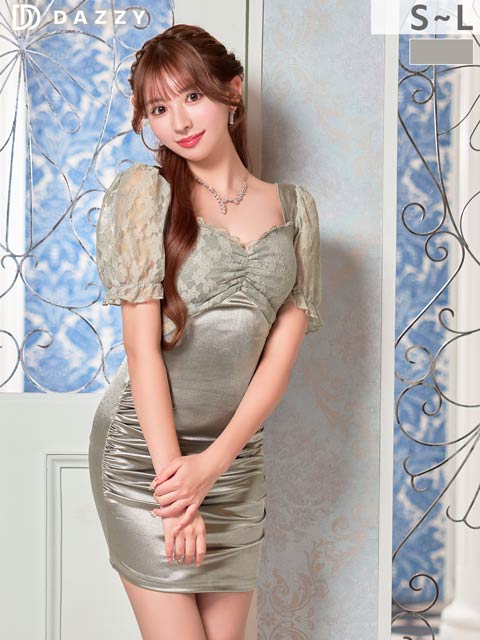 12/3新作!高見え光沢サテンレースに二の腕細魅せパフスリーブギャザータイトミニ丈キャバドレス[SML/3サイズ展開]