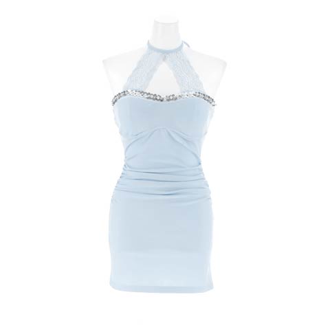 12/10新作![伊藤桃々着用]素肌魅せSEXYホルターネック×ビジューレースタイトミニ丈キャバドレス(ブルー-Sサイズ)