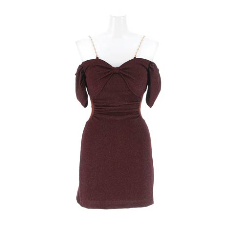 11/19新作!えち可愛い胸元リボンに肩紐ビジューが輝くオフショルタイトミニ丈キャバドレス[SML/3サイズ展開](ディープパープル-Sサイズ)