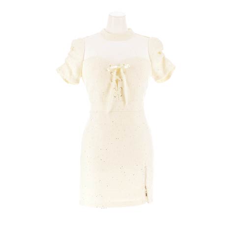 11/10新作!上品モテ高級感ラメツイード×谷間レースアップキャバドレス[SML/3サイズ展開](アイボリー-Sサイズ)