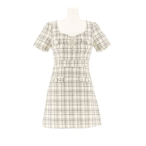 12/15新作![明日花キララ着用]えちえちリボンのビジュー谷間魅せ×ツイードチェック半袖Aラインミニ丈キャバドレス[SML/3サイズ展開](ホワイト×ブラック-Sサイズ)