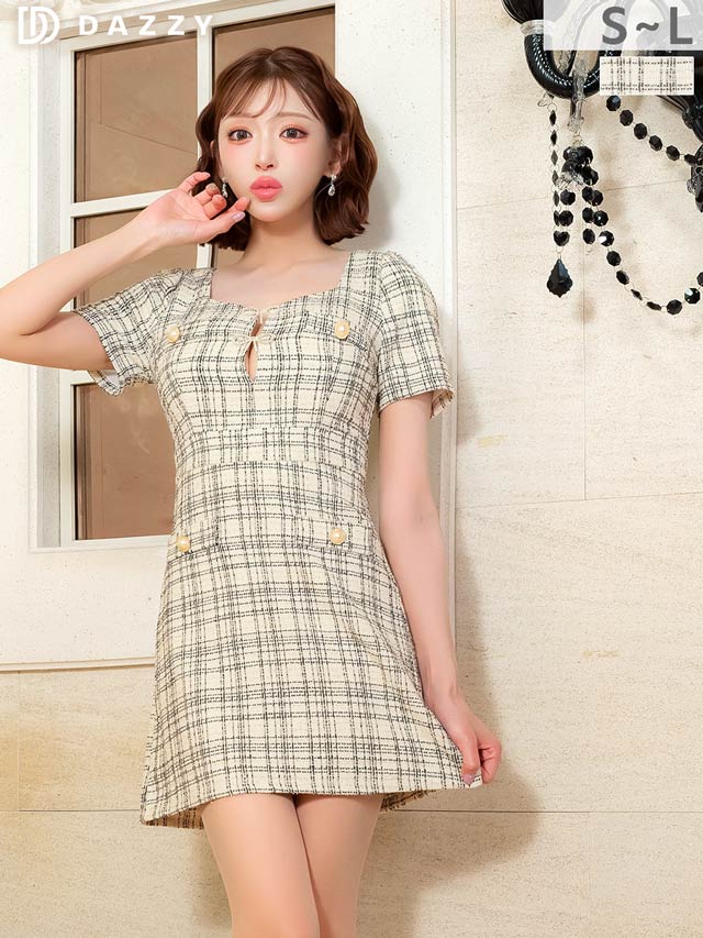 12/15新作![明日花キララ着用]えちえちリボンのビジュー谷間魅せ×ツイードチェック半袖Aラインミニ丈キャバドレス[SML/3サイズ展開]