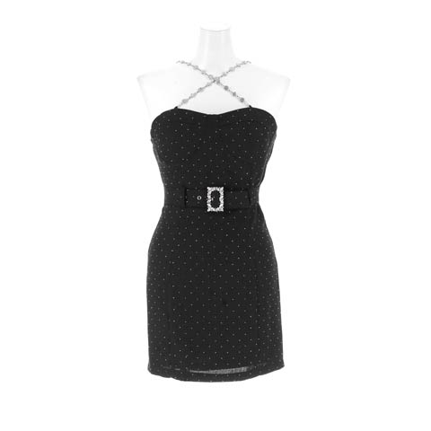 12/5新作![明日花キララ着用]主役級に輝く首元クロスビジュー×ラインストーン付ツイードミニ丈キャバドレス(ブラック-Sサイズ)