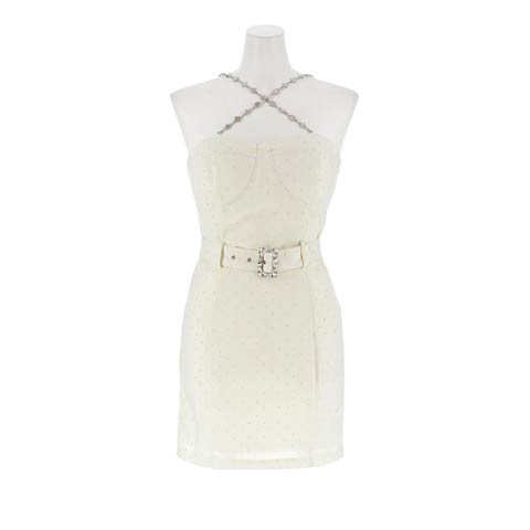 12/5新作![明日花キララ着用]主役級に輝く首元クロスビジュー×ラインストーン付ツイードミニ丈キャバドレス(ホワイト-Sサイズ)