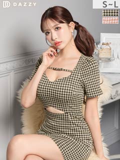 11/17新作![伊藤桃々着用]秋冬っぽ千鳥柄にウエストカットでスタイルUPタイトミニ丈キャバドレス[SML/3サイズ展開]