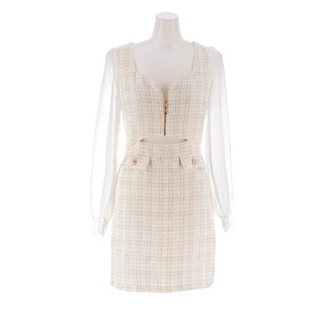 11/25新作!輝くラメツイードに美デコルテ叶う谷間ジップ×シアー長袖タイトミニ丈キャバドレス[SML/3サイズ展開](ホワイト-Sサイズ)