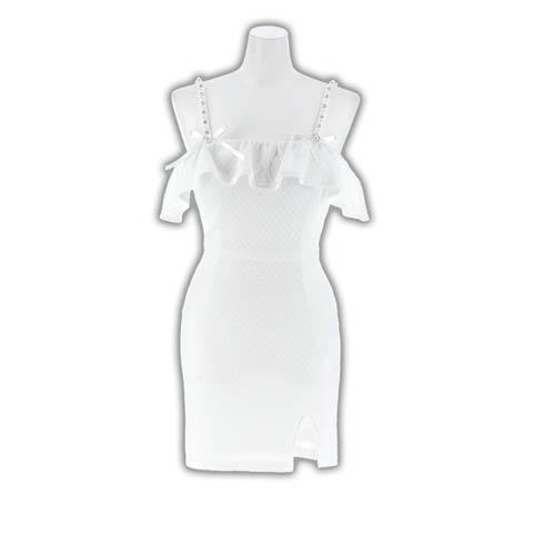 11/26新作!肩見せフリルオフショルにCUTEな輝くリボンビジュータイトミニ丈キャバドレス(ホワイト-Sサイズ)