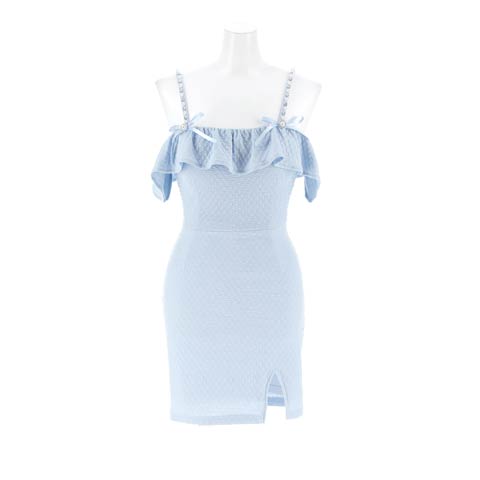 11/26新作!肩見せフリルオフショルにCUTEな輝くリボンビジュータイトミニ丈キャバドレス(ライトブルー-Sサイズ)