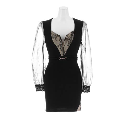 11/12新作![伊藤桃々着用]谷間ジップ＋透け袖レースエロかわ最強ドレス[SML/3サイズ展開](ブラック-Sサイズ)