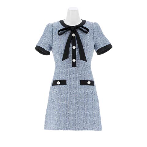 11/7新作!超高見えするキラキラMIXツイードに胸元リボン＆ボタンで露出控えめな半袖Aラインミニ丈キャバドレス[SML/3サイズ展開](ブルーグレー-Sサイズ)