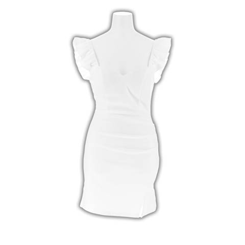 3/4新作!大胆な胸元カットで谷間魅せするフリルノースリーブのサイドギャザースリットタイトミニ丈キャバドレス[SML/3サイズ展開](ホワイト-Sサイズ)