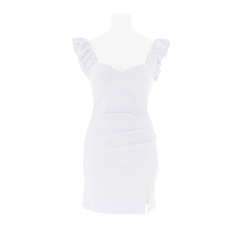 3/4新作!大胆な胸元カットで谷間魅せするフリルノースリーブのサイドギャザースリットタイトミニ丈キャバドレス[SML/3サイズ展開](ブルーグレー-Sサイズ)