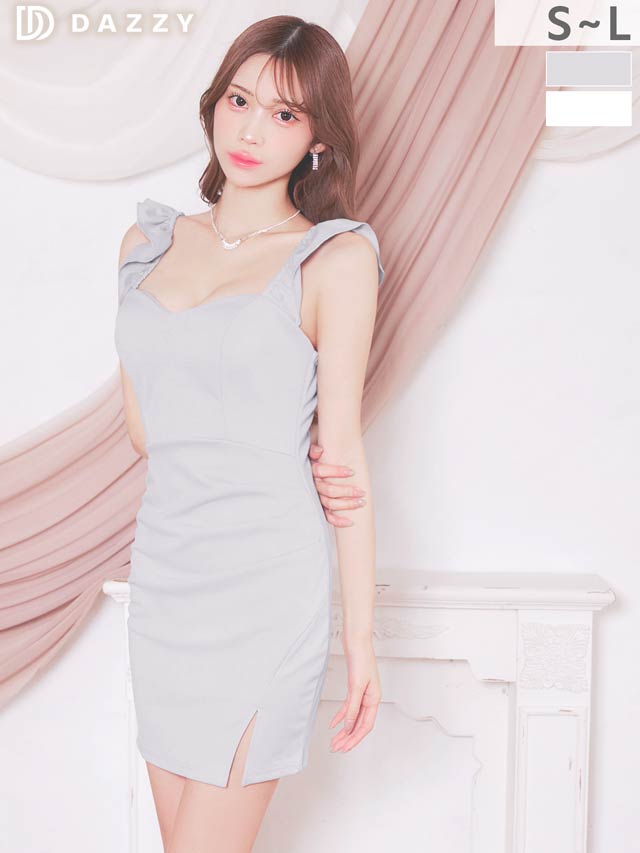 3/4新作!大胆な胸元カットで谷間魅せするフリルノースリーブのサイドギャザースリットタイトミニ丈キャバドレス[SML/3サイズ展開]