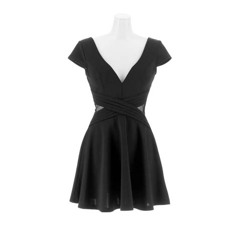 10/20新作!美くびれウエストクロスシアーSEXYバックカットアウトAラインミニ丈キャバドレス[SML/3サイズ展開](ブラック-Sサイズ)