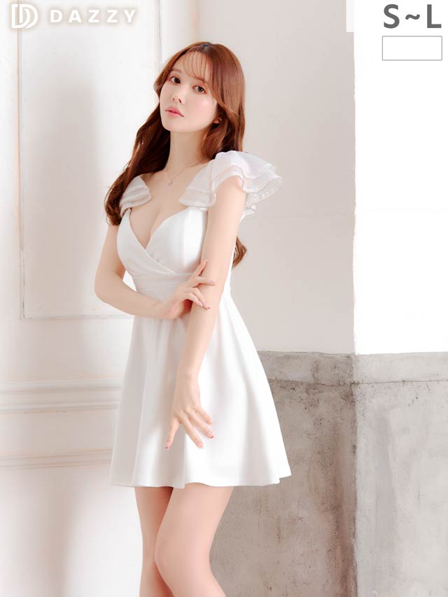 2/12新作!ラインストーン輝くフリル袖×美バスト魅せカシュクールのAラインミニ丈キャバドレス[SML/3サイズ展開]