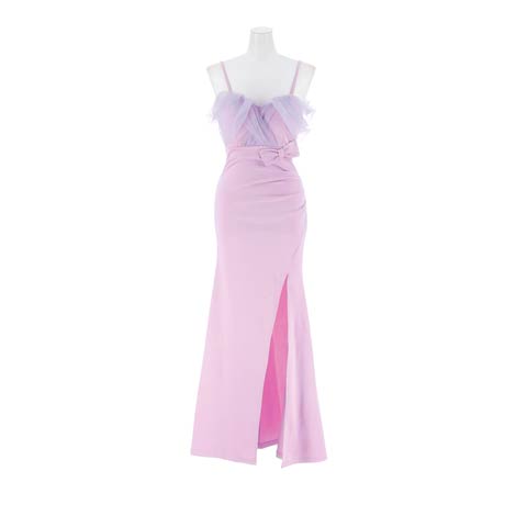 2/27新作![明日花キララ着用]二の腕隠せる女神袖チュール×オフショルリボンのスリットロング丈キャバドレス[SML/3サイズ展開](ラベンダー-Sサイズ)