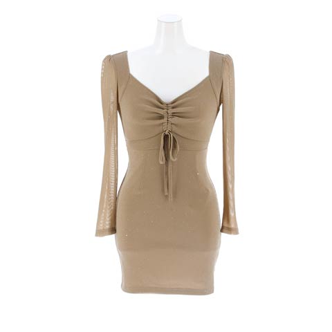 2/2新作![伊藤桃々着用]色っぽ谷間魅せが叶う輝くラメの深Vネックタイトミニ丈キャバドレス[SML/3サイズ展開](グレージュ-Sサイズ)