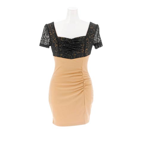 4/10新作!スクエアネックウエストギャザー半袖レースタイトミニ丈キャバドレス[SML/3サイズ展開](ベージュ×ブラック-Sサイズ)